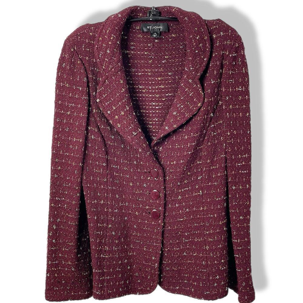 St. John knit jacket burgundy metallic gold silver sparkle buttons 10